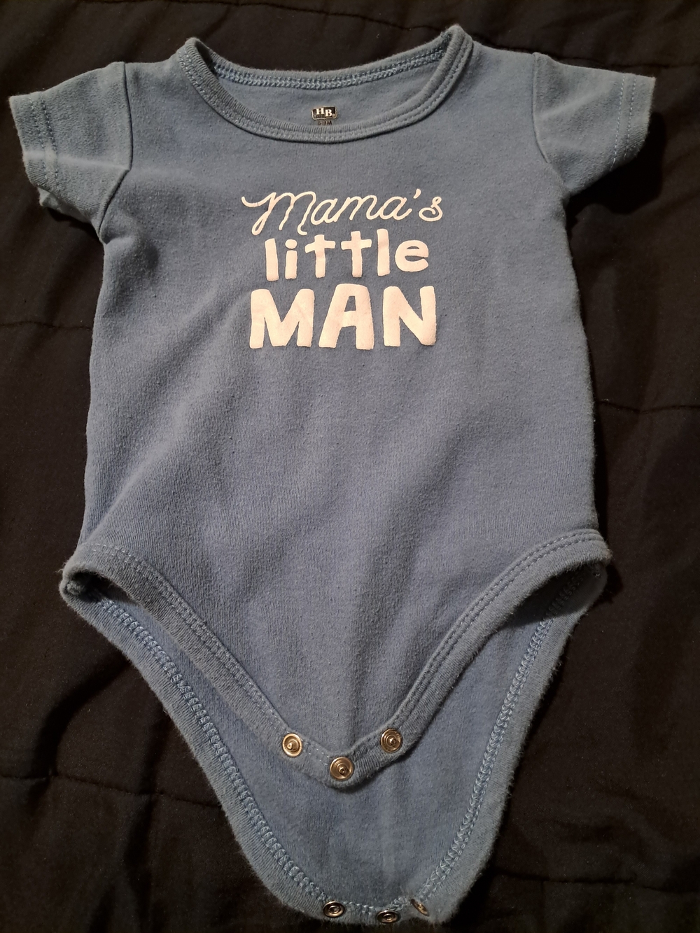 Hudson Baby Blue Short Sleeve Bodysuit with White "Mama's Little MAN" Applique